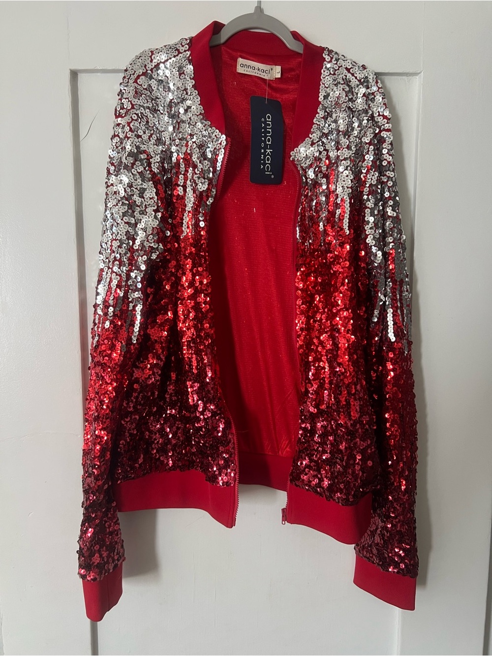 anna-kaci Red Sequin Bomber Jacket